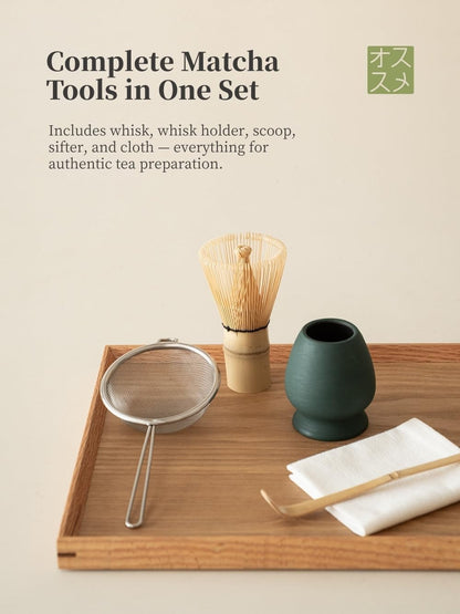 Matcha Whisk Set,Handmade Ceramic Bowl & Matcha Set,Stone Vein,6-Pc | 16.9 Oz Matcha Bowl with Spout, Bamboo Whisk (Chasen), Holder, Scoop, Sifter & Tea Cloth, Matcha Kit for Ceremony Gift
