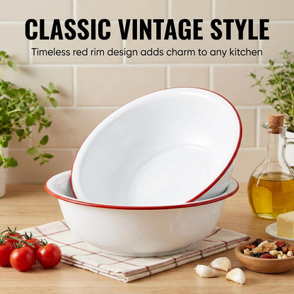 2 Pack 3 Quart Large Enamel Serving Bowl, 11" Unbreakable Vintage Metal Enamel Mixing Bowl, White and Red Kitchen Enamelware for Fruit, Salad, Pasta