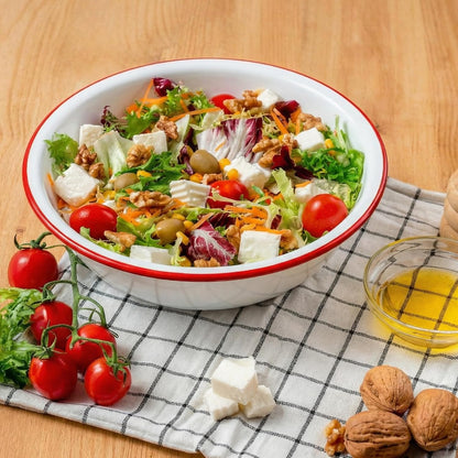 2 Pack 3 Quart Large Enamel Serving Bowl, 11" Unbreakable Vintage Metal Enamel Mixing Bowl, White and Red Kitchen Enamelware for Fruit, Salad, Pasta