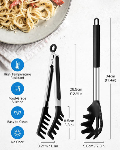 Silicone Spaghetti Spoon and Pasta Tong, Server Fork with teeth,10" & 13"