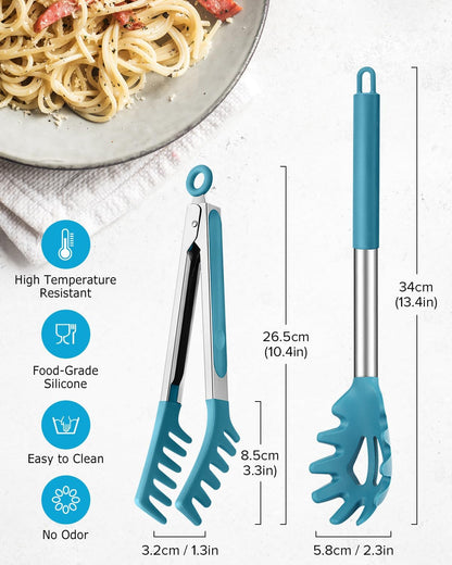 Silicone Spaghetti Spoon and Pasta Tong, Server Fork with teeth,10" & 13"