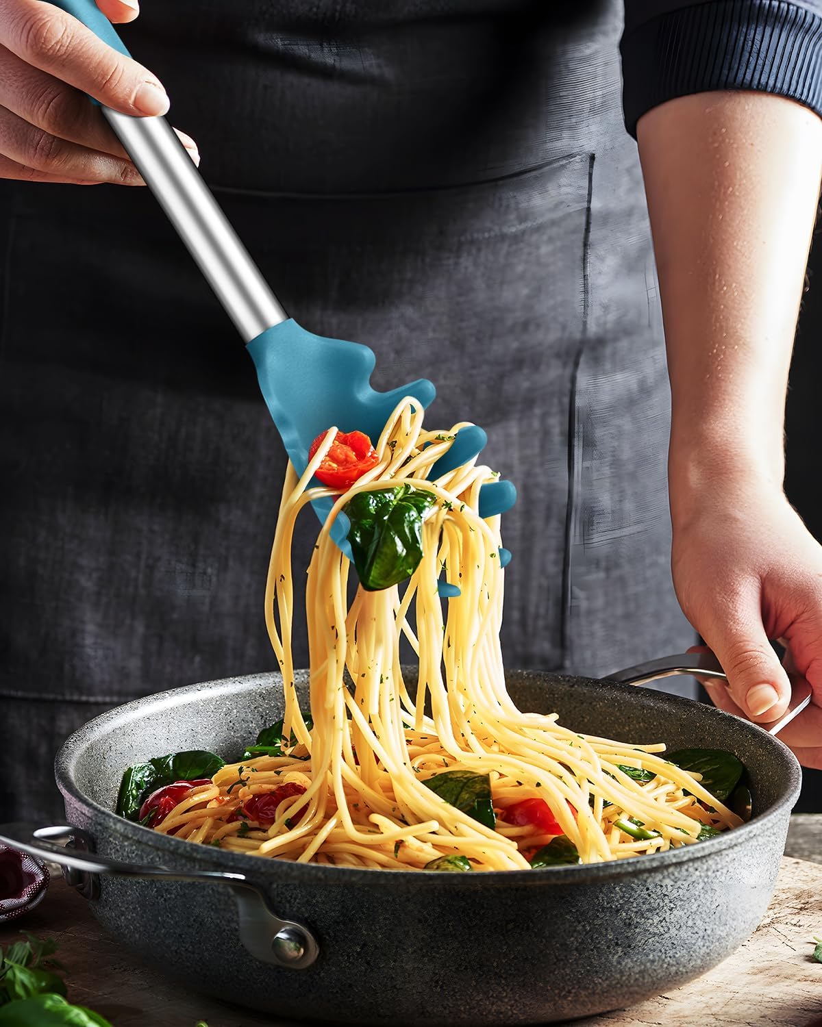 Silicone Spaghetti Spoon and Pasta Tong, Server Fork with teeth,10" & 13"