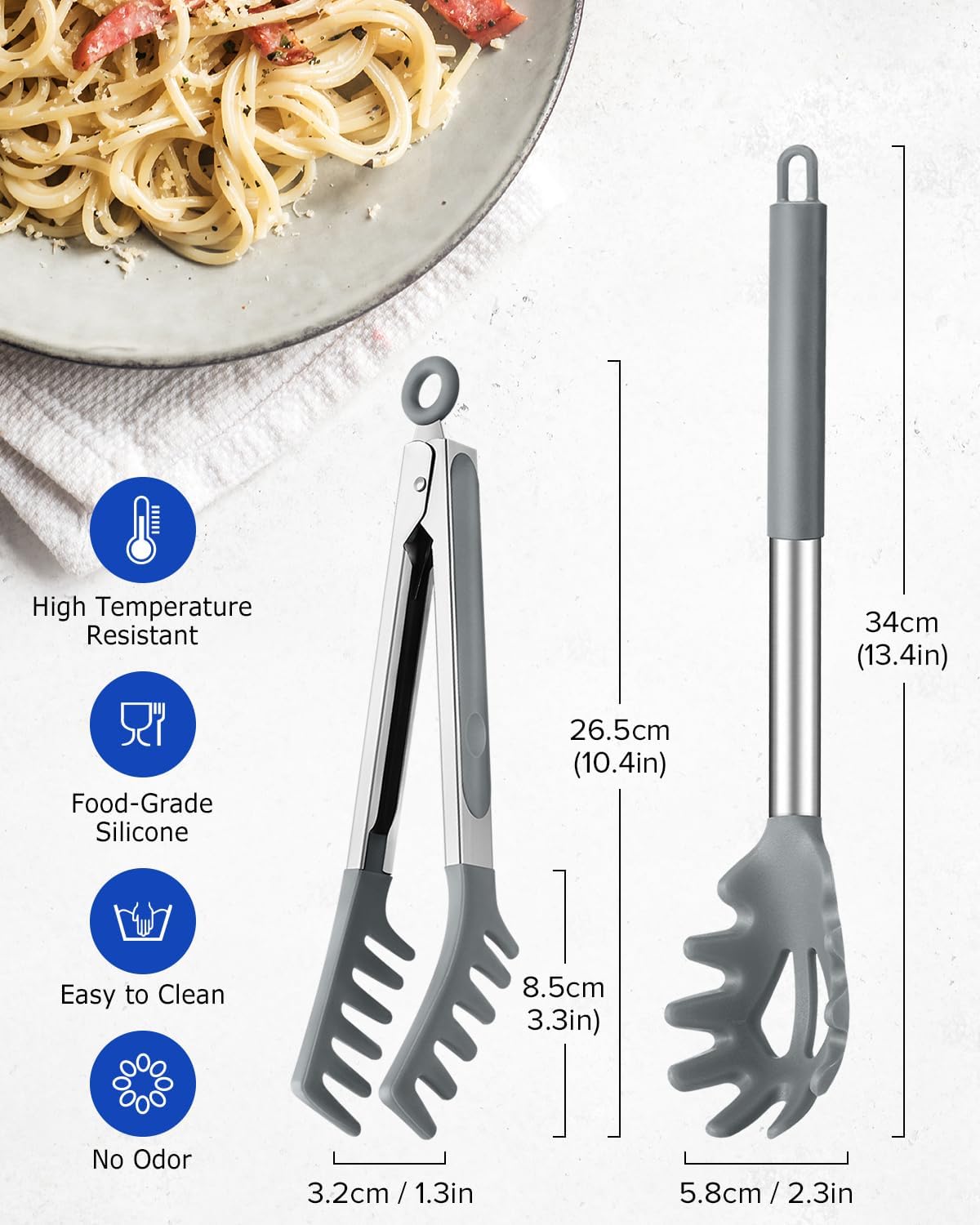 Silicone Spaghetti Spoon and Pasta Tong, Server Fork with teeth,10" & 13"