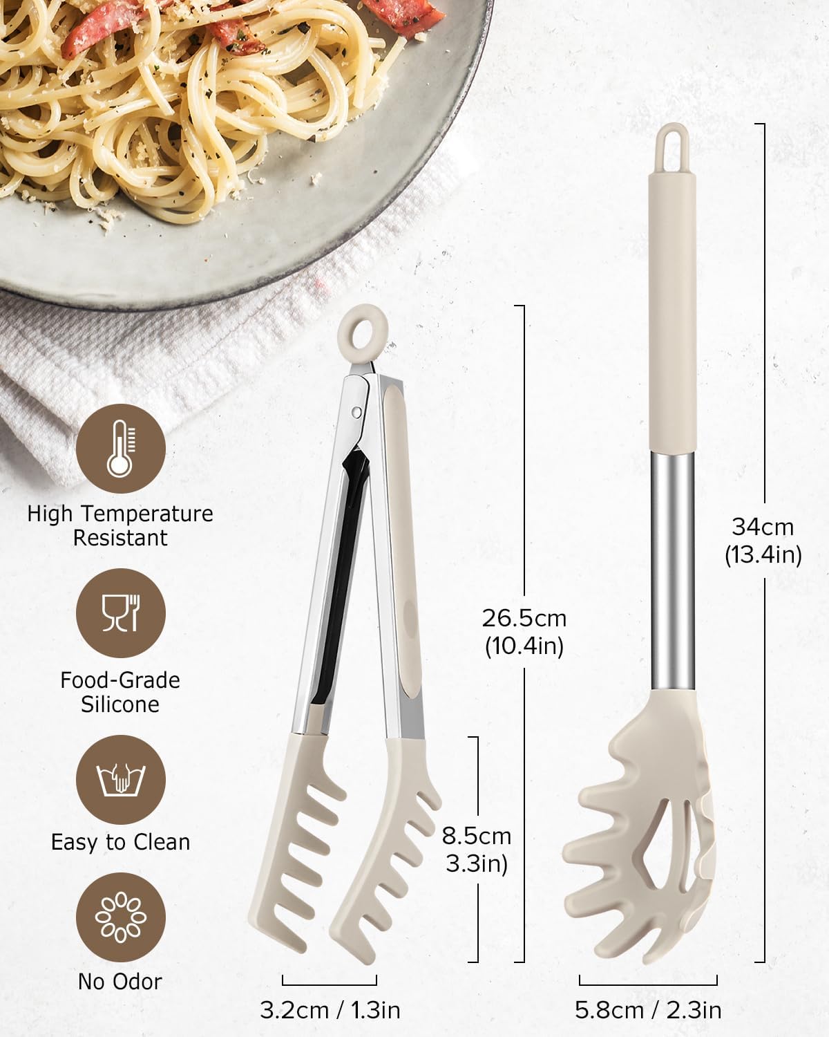 Silicone Spaghetti Spoon and Pasta Tong, Server Fork with teeth,10" & 13"