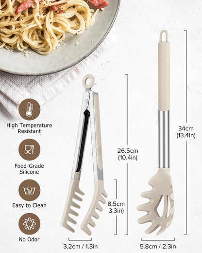 Silicone Spaghetti Spoon and Pasta Tong, Server Fork with teeth,10" & 13"
