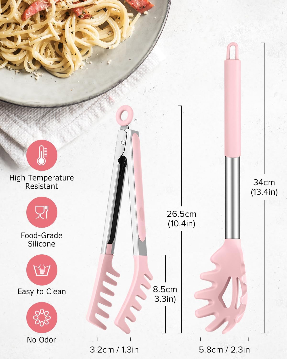 Silicone Spaghetti Spoon and Pasta Tong, Server Fork with teeth,10" & 13"