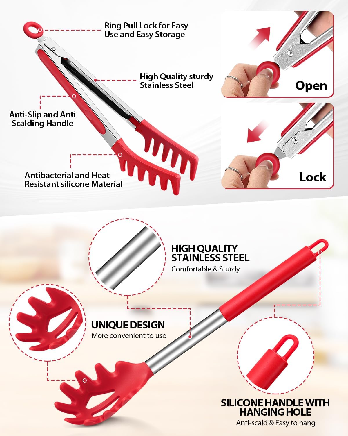 Silicone Spaghetti Spoon and Pasta Tong, Server Fork with teeth,10" & 13"