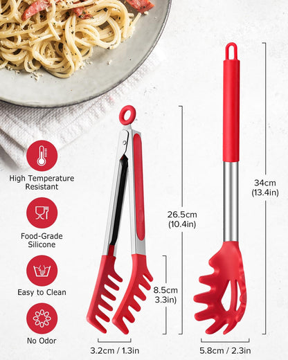 Silicone Spaghetti Spoon and Pasta Tong, Server Fork with teeth,10" & 13"