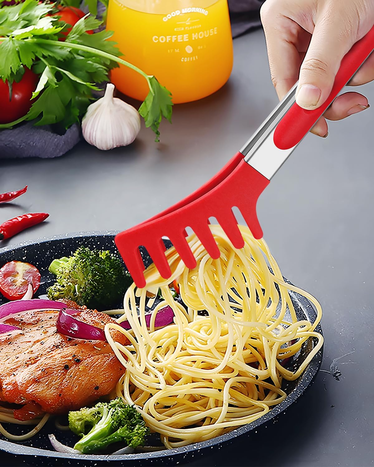 Silicone Spaghetti Spoon and Pasta Tong, Server Fork with teeth,10" & 13"