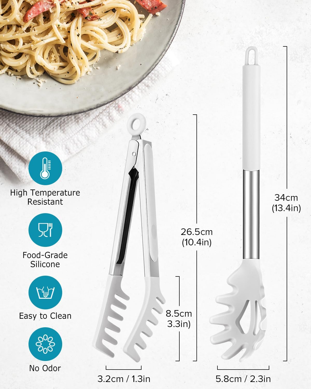 Silicone Spaghetti Spoon and Pasta Tong, Server Fork with teeth,10" & 13"