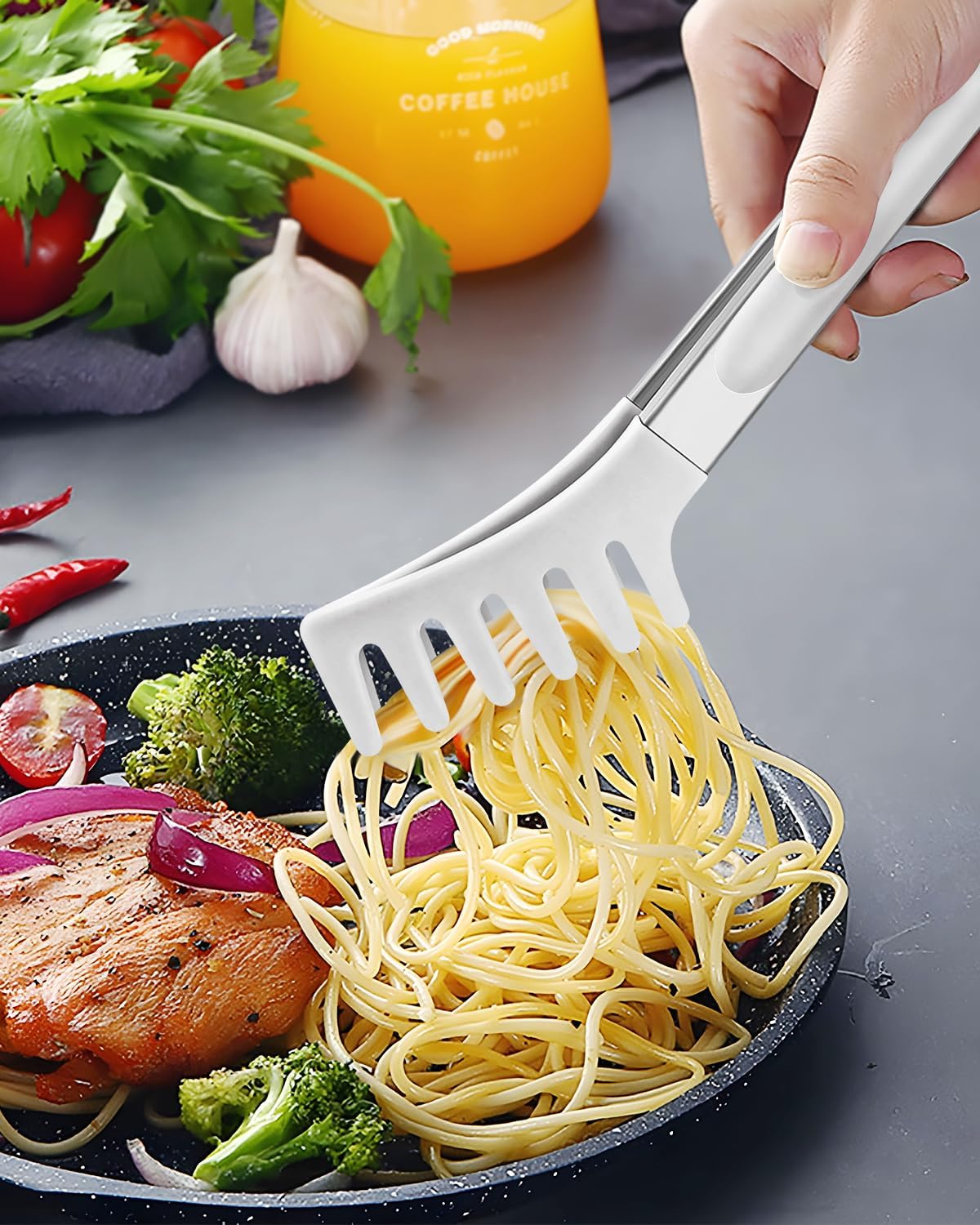 Silicone Spaghetti Spoon and Pasta Tong, Server Fork with teeth,10" & 13"