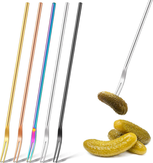 5 Pcs Pickle Fork, 8.66 Inches Long Handle Olive Fork 304 Stainless Steel Pickle Picker Grabber Tool for Jar Cocktail Dessert Fruit, 2 Prong(Multicolor)