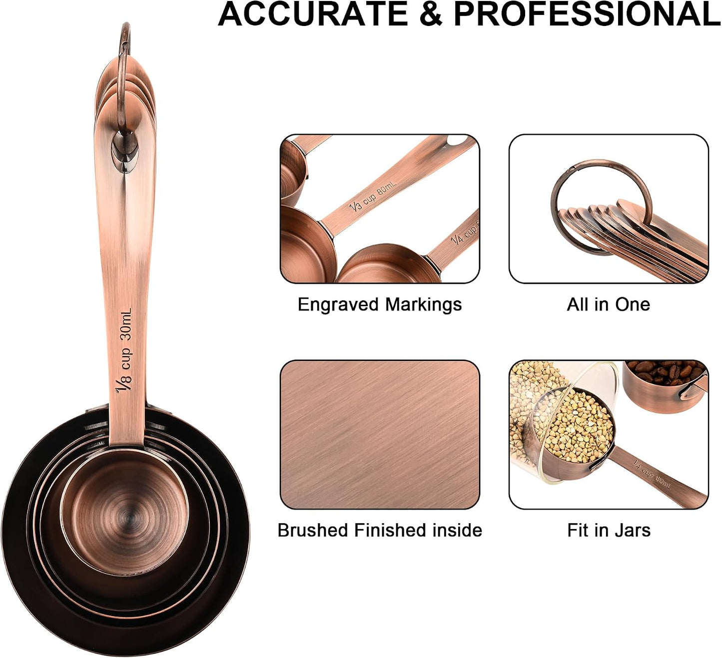 Copper Plate Measuring Cups and Spoons Set of 12, Copper Measuring Cups and Spoons Set with Leveler, Stainless Steel Measuring Spoons & Cups for Dry & Liquid Ingredients During Kitchen&Baking