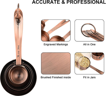 Copper Plate Measuring Cups and Spoons Set of 12, Copper Measuring Cups and Spoons Set with Leveler, Stainless Steel Measuring Spoons & Cups for Dry & Liquid Ingredients During Kitchen&Baking