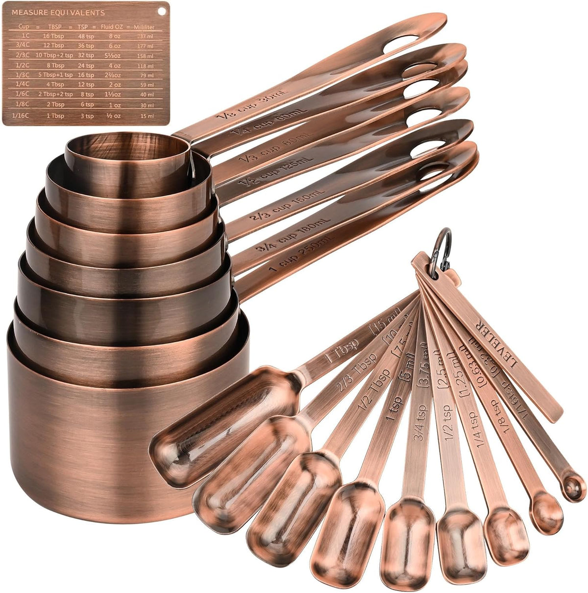 Copper Plate Measuring Cups and Spoons Set of 12, Copper Measuring Cups and Spoons Set with Leveler, Stainless Steel Measuring Spoons & Cups for Dry & Liquid Ingredients During Kitchen&Baking