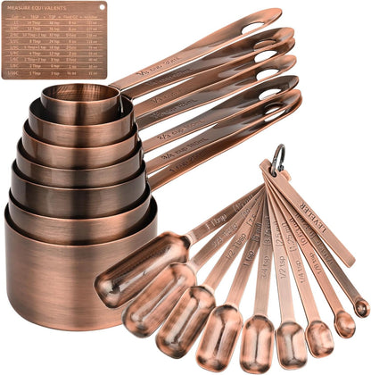 Copper Plate Measuring Cups and Spoons Set of 12, Copper Measuring Cups and Spoons Set with Leveler, Stainless Steel Measuring Spoons & Cups for Dry & Liquid Ingredients During Kitchen&Baking