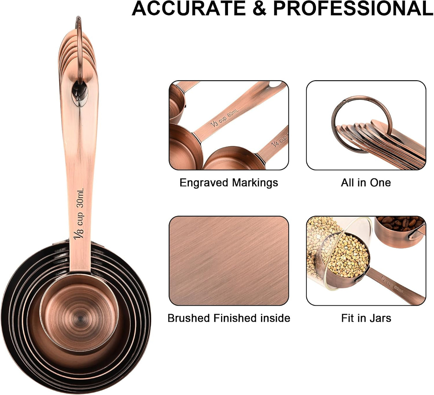 Copper Plate Measuring Cups and Spoons Set of 12, Copper Measuring Cups and Spoons Set with Leveler, Stainless Steel Measuring Spoons & Cups for Dry & Liquid Ingredients During Kitchen&Baking