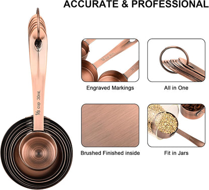 Copper Plate Measuring Cups and Spoons Set of 12, Copper Measuring Cups and Spoons Set with Leveler, Stainless Steel Measuring Spoons & Cups for Dry & Liquid Ingredients During Kitchen&Baking