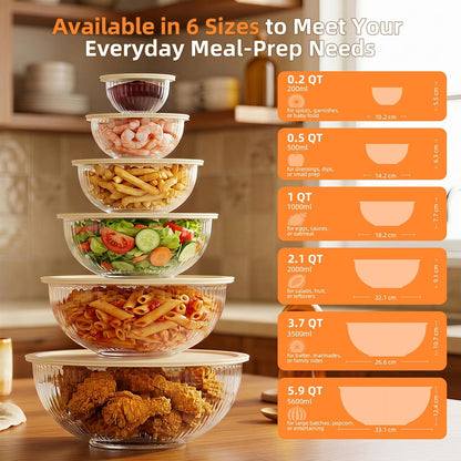 Jelife Glass Mixing Bowls with Lids Sets - 6 Packs Size: 5.9-3.7-2.1-1-0.5-0.2QT, Borosilicate Nesting Glass Bowls Containers for Baking,Salad,Meal Prep,Serving,Food Storage,BPA Free & Dishwasher Safe