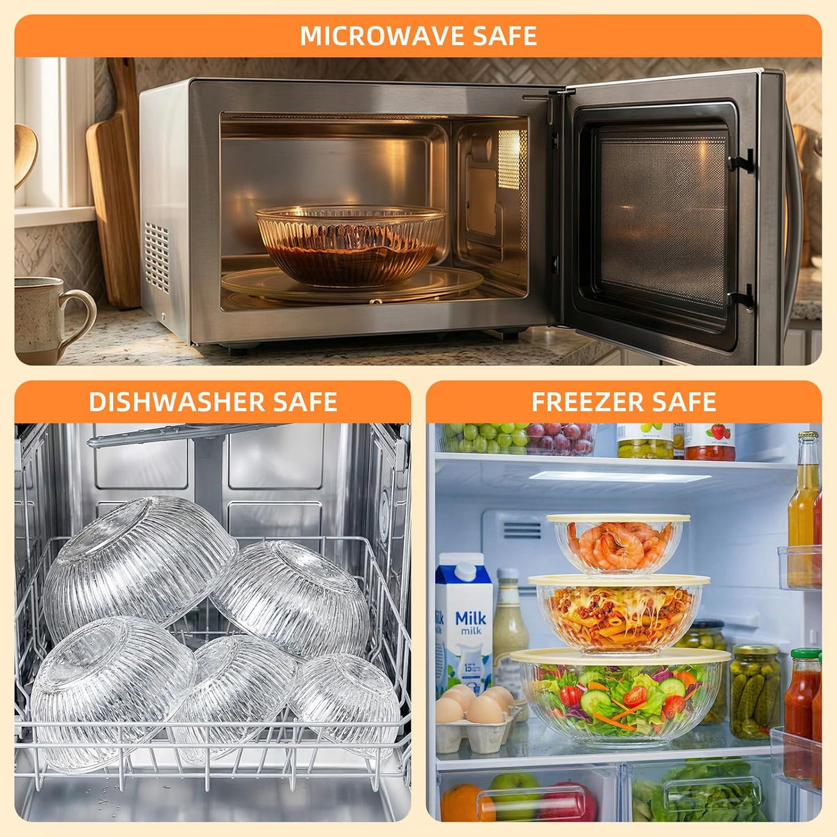 Jelife Glass Mixing Bowls with Lids Sets - 6 Packs Size: 5.9-3.7-2.1-1-0.5-0.2QT, Borosilicate Nesting Glass Bowls Containers for Baking,Salad,Meal Prep,Serving,Food Storage,BPA Free & Dishwasher Safe