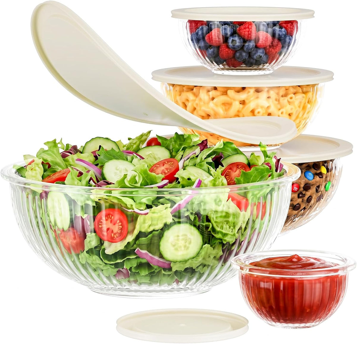 Jelife Glass Mixing Bowls with Lids Sets - 6 Packs Size: 5.9-3.7-2.1-1-0.5-0.2QT, Borosilicate Nesting Glass Bowls Containers for Baking,Salad,Meal Prep,Serving,Food Storage,BPA Free & Dishwasher Safe