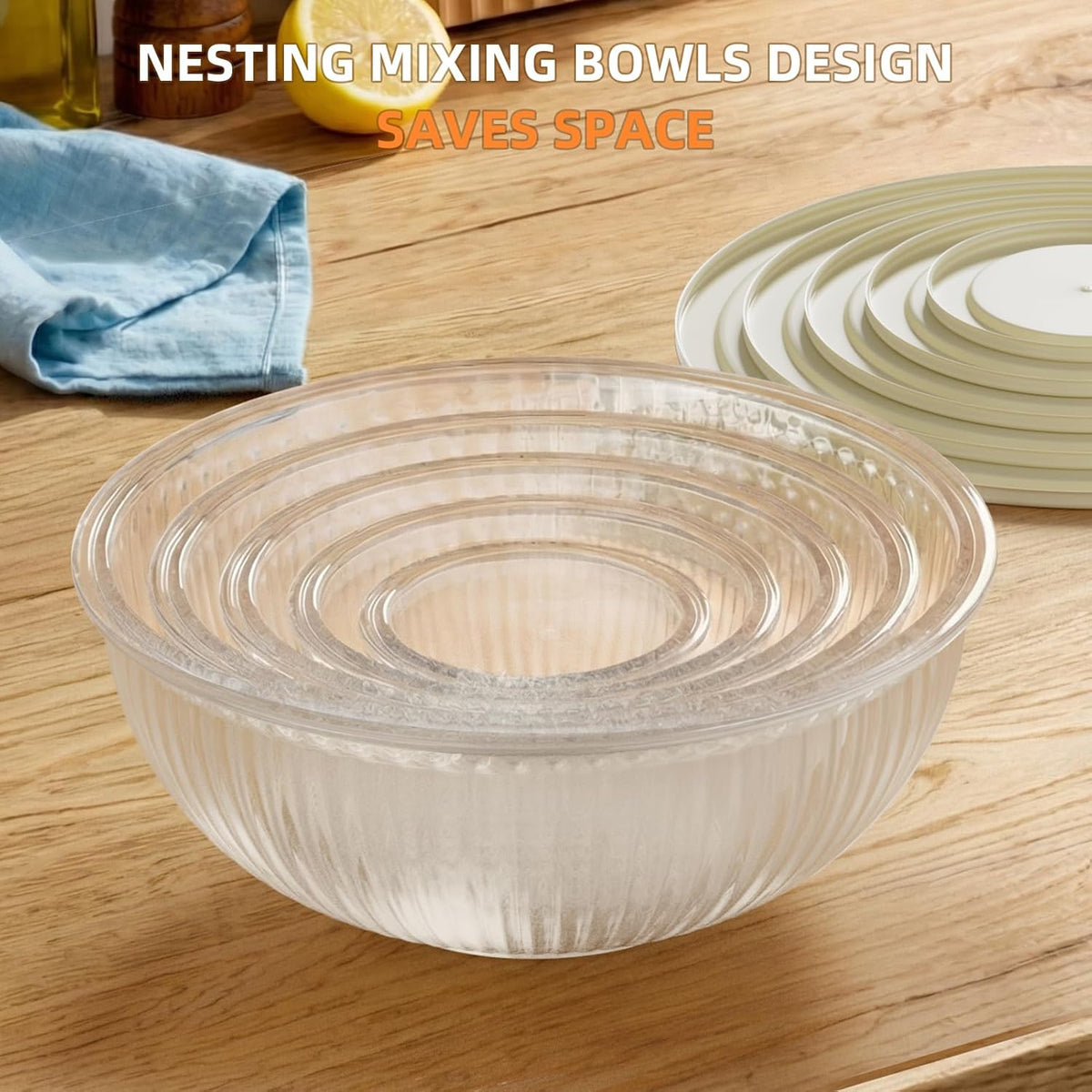 Jelife Glass Mixing Bowls with Lids Sets - 6 Packs Size: 5.9-3.7-2.1-1-0.5-0.2QT, Borosilicate Nesting Glass Bowls Containers for Baking,Salad,Meal Prep,Serving,Food Storage,BPA Free & Dishwasher Safe
