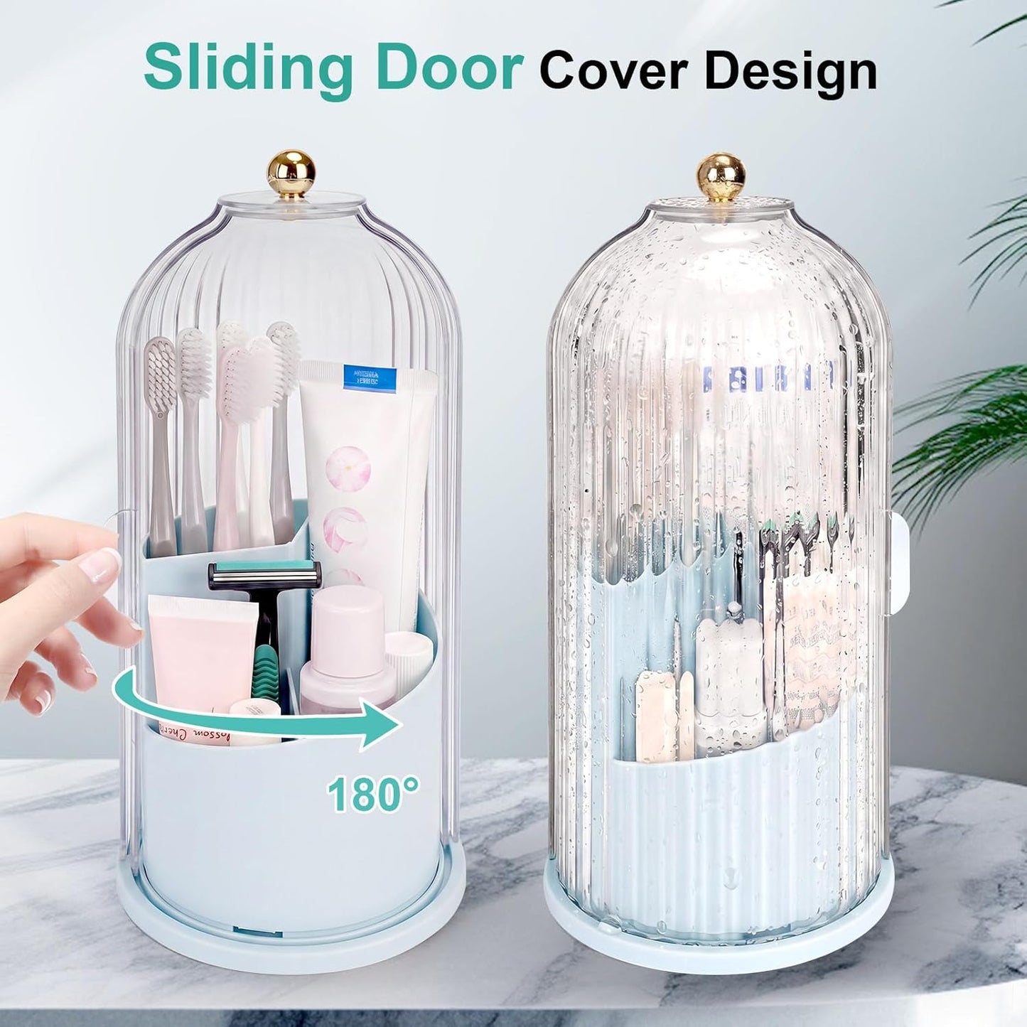 Toothbrush Holders with Sliding Lid, Rotating 3 Slots Bathroom Organizer Countertop, Tooth Brush Toothpaste Holder Bathroom Counter Stand Sink Organizer Caddy for Vanity Makeup Brushes Holder