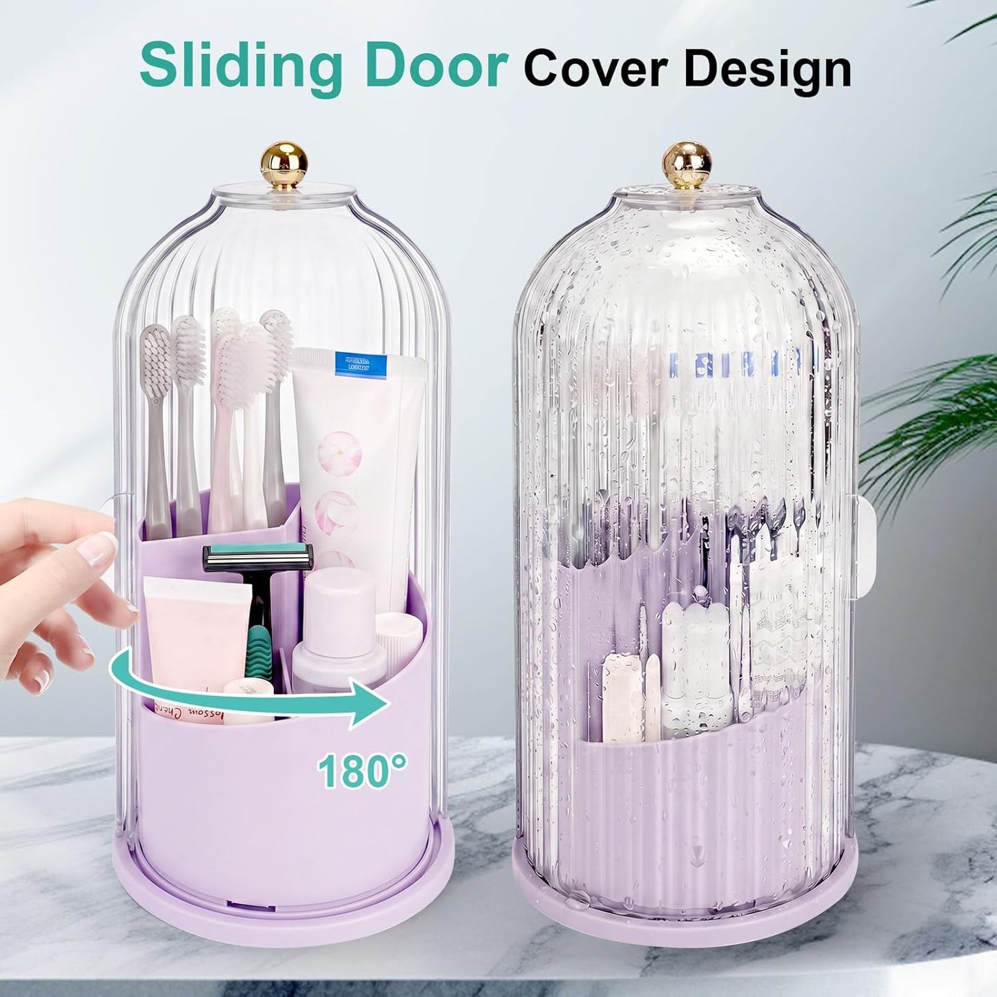 Toothbrush Holders with Sliding Lid, Rotating 3 Slots Bathroom Organizer Countertop, Tooth Brush Toothpaste Holder Bathroom Counter Stand Sink Organizer Caddy for Vanity Makeup Brushes Holder