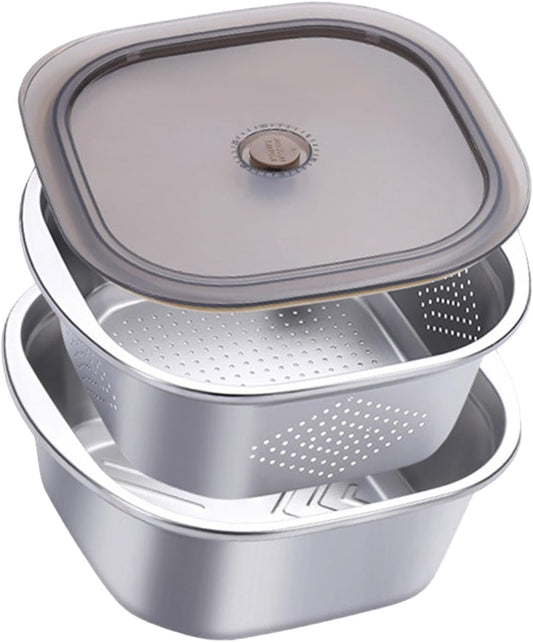 Stainless Steel Colander Bowl Set Food Storage Container with lid, Washing Nesting Mixing Bowl for Rice Vegetable Grapes, 3600ml