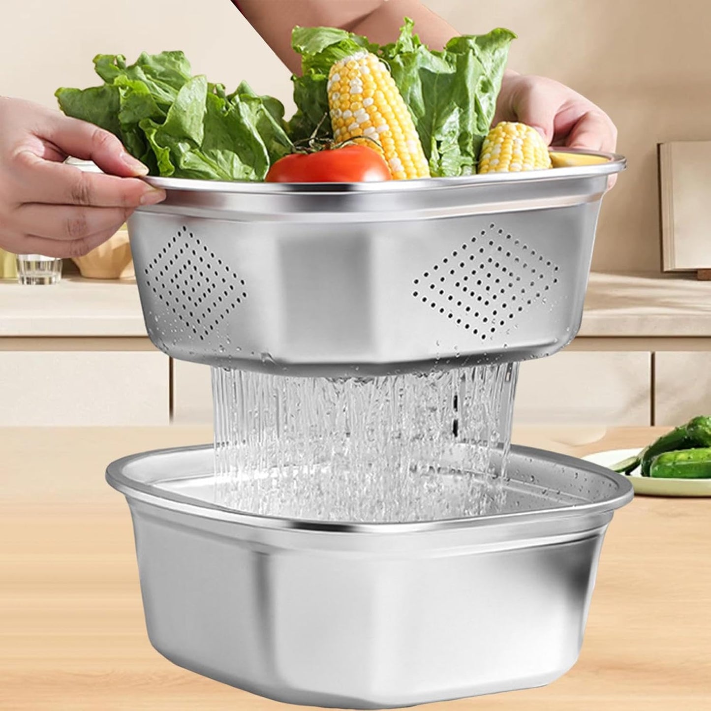 Stainless Steel Colander Bowl Set Food Storage Container with lid, Washing Nesting Mixing Bowl for Rice Vegetable Grapes, 3600ml