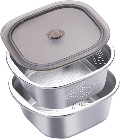 Stainless Steel Colander Bowl Set Food Storage Container with lid, Washing Nesting Mixing Bowl for Rice Vegetable Grapes, 3600ml
