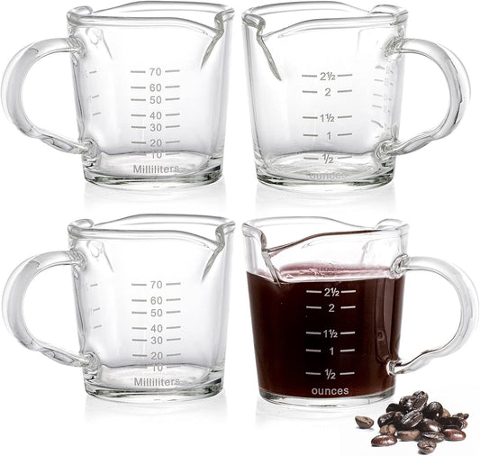 4 Pack Double Spouts Measuring Cups Espresso Shot Glass with Handle, 2.5 Oz Mini Milk Triple Pitcher Barista Clear Graduated Cups for Coffee, Wine, Bar, Party
