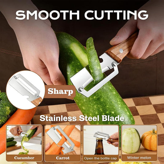 2-in-1 stainless steel vegetable peeler with wooden handle and bottle opener, stainless steel blade, non-slip kitchen fruit peeler（2pcs）