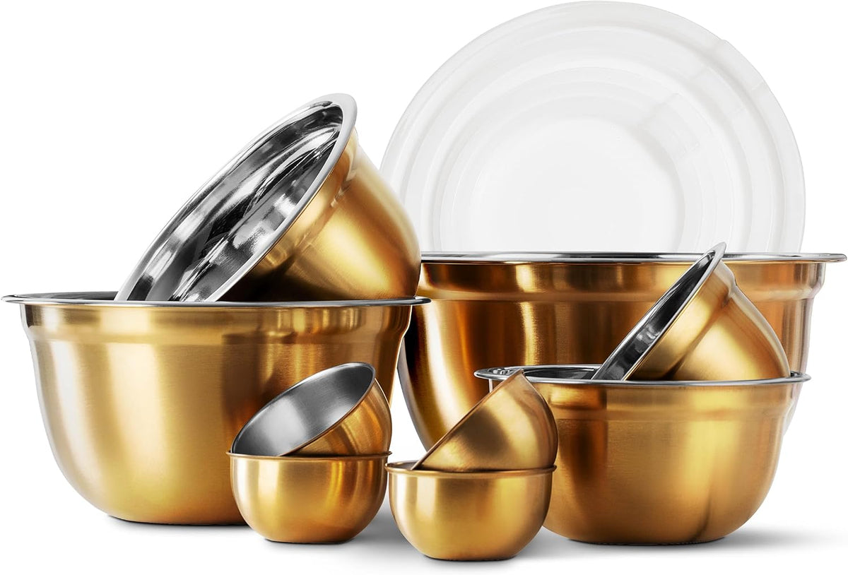 18 Piece Mixing Bowls Set with Airtight Lids, Stainless Steel Bowl Organizers, Food Storage Containers, Meal Prep, Nesting Salad Bowls For Cooking, Baking, Kitchen Use, Gold