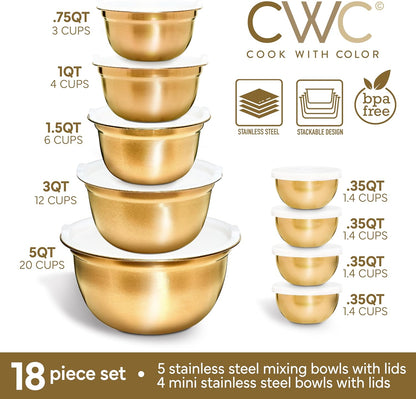18 Piece Mixing Bowls Set with Airtight Lids, Stainless Steel Bowl Organizers, Food Storage Containers, Meal Prep, Nesting Salad Bowls For Cooking, Baking, Kitchen Use, Gold
