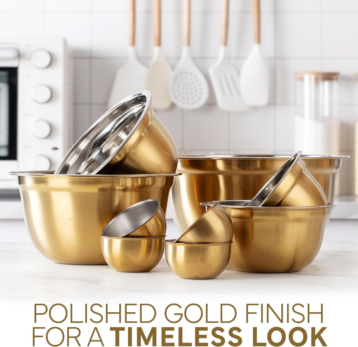 18 Piece Mixing Bowls Set with Airtight Lids, Stainless Steel Bowl Organizers, Food Storage Containers, Meal Prep, Nesting Salad Bowls For Cooking, Baking, Kitchen Use, Gold