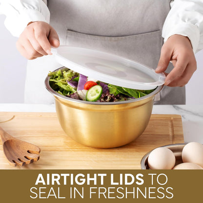18 Piece Mixing Bowls Set with Airtight Lids, Stainless Steel Bowl Organizers, Food Storage Containers, Meal Prep, Nesting Salad Bowls For Cooking, Baking, Kitchen Use, Gold
