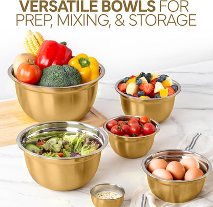18 Piece Mixing Bowls Set with Airtight Lids, Stainless Steel Bowl Organizers, Food Storage Containers, Meal Prep, Nesting Salad Bowls For Cooking, Baking, Kitchen Use, Gold