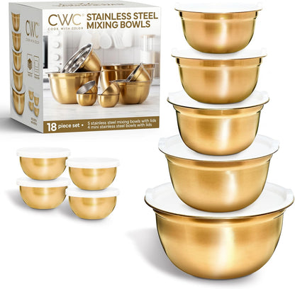 18 Piece Mixing Bowls Set with Airtight Lids, Stainless Steel Bowl Organizers, Food Storage Containers, Meal Prep, Nesting Salad Bowls For Cooking, Baking, Kitchen Use, Gold