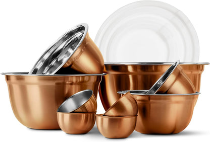18 Piece Mixing Bowls Set with Airtight Lids, Stainless Steel Bowl Organizers, Food Storage Containers, Meal Prep, Nesting Salad Bowls For Cooking, Baking, Kitchen Use, Gold