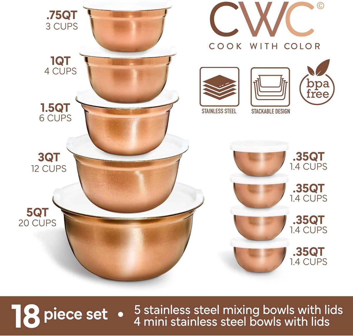 18 Piece Mixing Bowls Set with Airtight Lids, Stainless Steel Bowl Organizers, Food Storage Containers, Meal Prep, Nesting Salad Bowls For Cooking, Baking, Kitchen Use, Gold