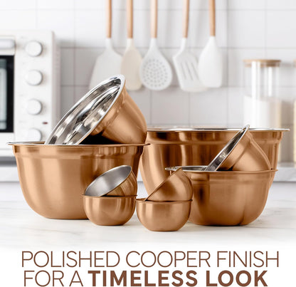 18 Piece Mixing Bowls Set with Airtight Lids, Stainless Steel Bowl Organizers, Food Storage Containers, Meal Prep, Nesting Salad Bowls For Cooking, Baking, Kitchen Use, Gold