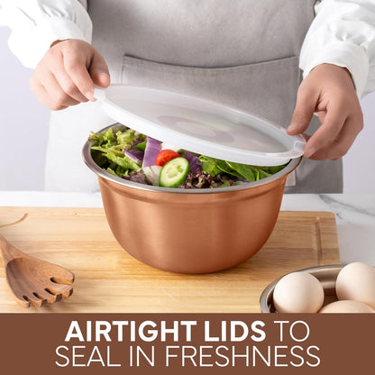 18 Piece Mixing Bowls Set with Airtight Lids, Stainless Steel Bowl Organizers, Food Storage Containers, Meal Prep, Nesting Salad Bowls For Cooking, Baking, Kitchen Use, Gold