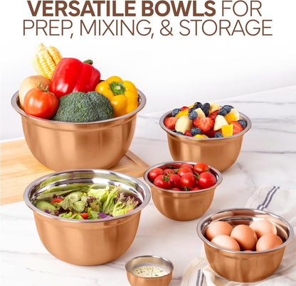 18 Piece Mixing Bowls Set with Airtight Lids, Stainless Steel Bowl Organizers, Food Storage Containers, Meal Prep, Nesting Salad Bowls For Cooking, Baking, Kitchen Use, Gold
