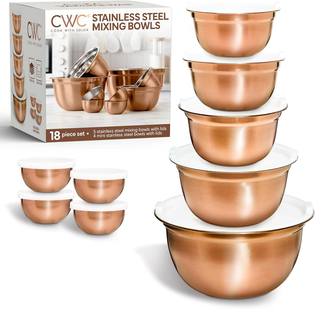 18 Piece Mixing Bowls Set with Airtight Lids, Stainless Steel Bowl Organizers, Food Storage Containers, Meal Prep, Nesting Salad Bowls For Cooking, Baking, Kitchen Use, Gold