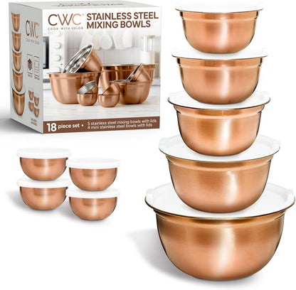 18 Piece Mixing Bowls Set with Airtight Lids, Stainless Steel Bowl Organizers, Food Storage Containers, Meal Prep, Nesting Salad Bowls For Cooking, Baking, Kitchen Use, Gold