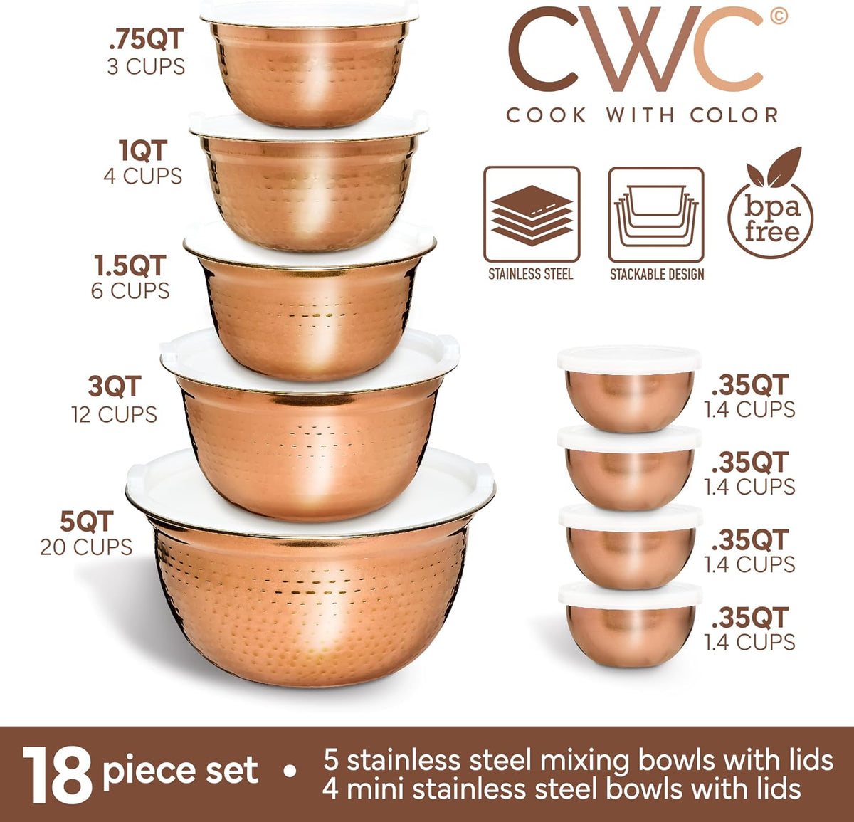 18 Piece Mixing Bowls Set with Airtight Lids, Stainless Steel Bowl Organizers, Food Storage Containers, Meal Prep, Nesting Salad Bowls For Cooking, Baking, Kitchen Use, Gold