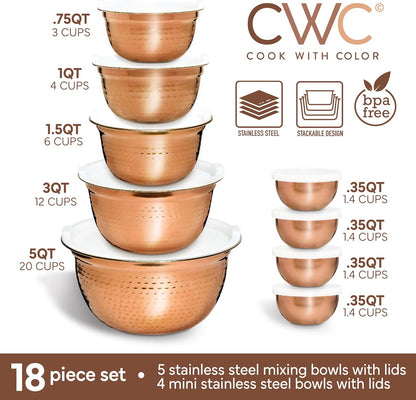 18 Piece Mixing Bowls Set with Airtight Lids, Stainless Steel Bowl Organizers, Food Storage Containers, Meal Prep, Nesting Salad Bowls For Cooking, Baking, Kitchen Use, Gold
