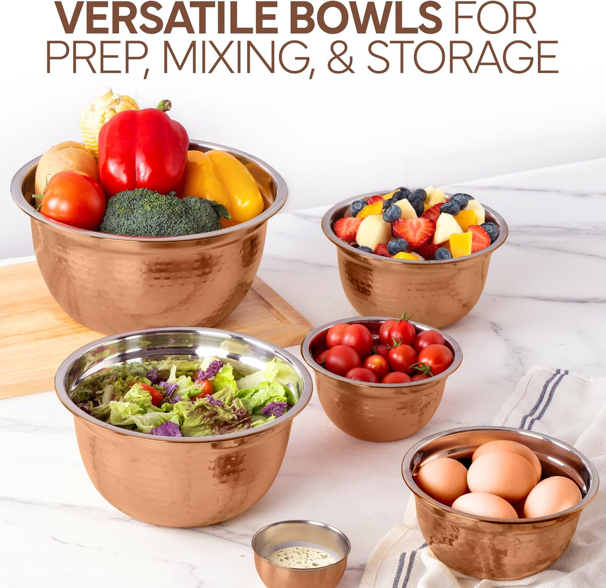 18 Piece Mixing Bowls Set with Airtight Lids, Stainless Steel Bowl Organizers, Food Storage Containers, Meal Prep, Nesting Salad Bowls For Cooking, Baking, Kitchen Use, Gold