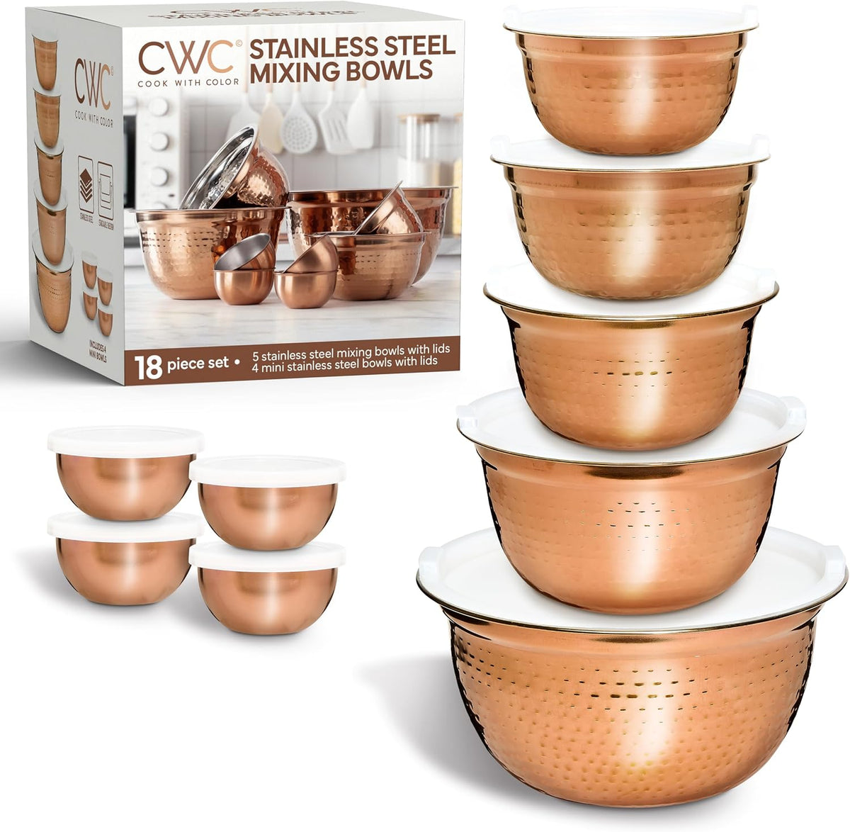 18 Piece Mixing Bowls Set with Airtight Lids, Stainless Steel Bowl Organizers, Food Storage Containers, Meal Prep, Nesting Salad Bowls For Cooking, Baking, Kitchen Use, Gold
